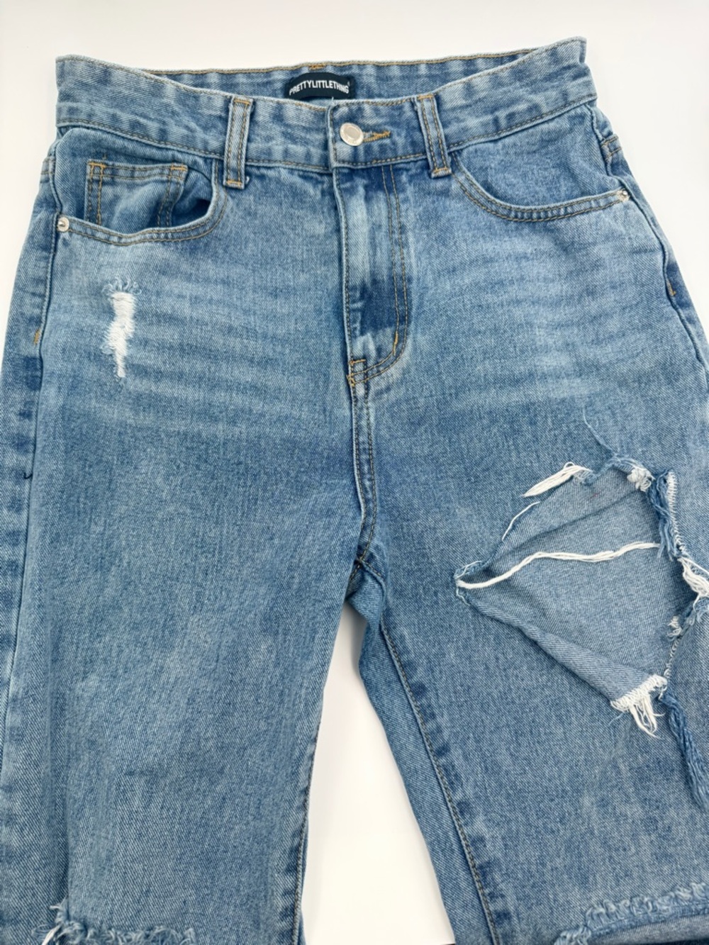 PrettyLittleThing Distressed High Rise Straight Leg Jeans - Sz 6- Mid Wash - Picture 3 of 8